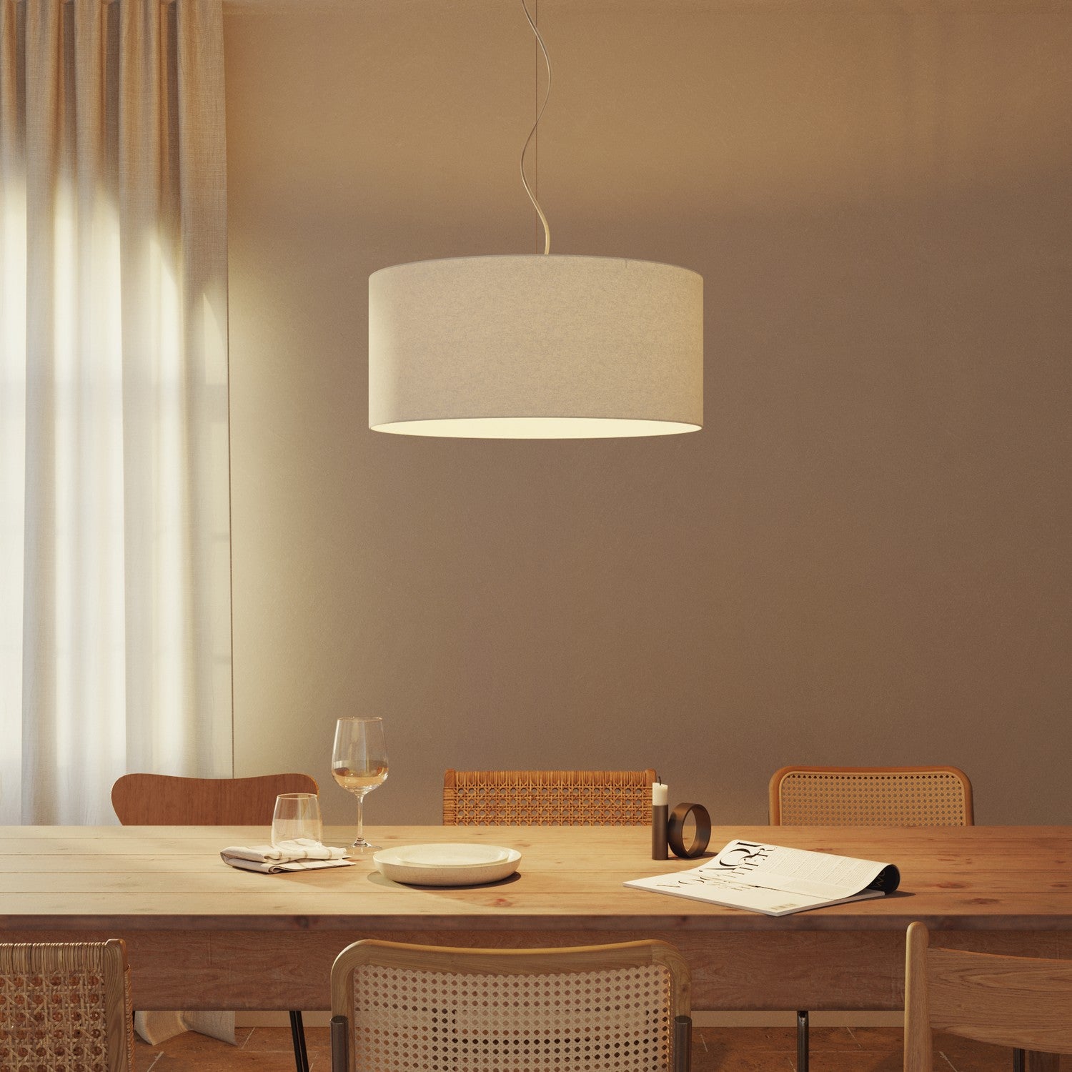 Lampada a sospensione con paralume in tessuto Cilindro Large - Made in Italy - Lana Sabbia No