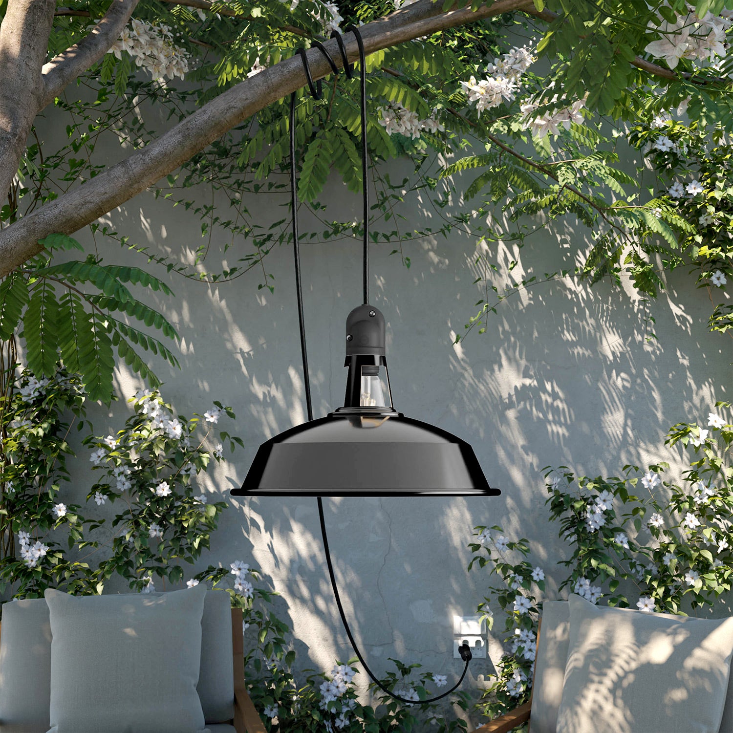 Lampada portatile da esterno Snake con paralume Harbour, 5 m cavo tessile, portalampada IP65 waterproof - Nero