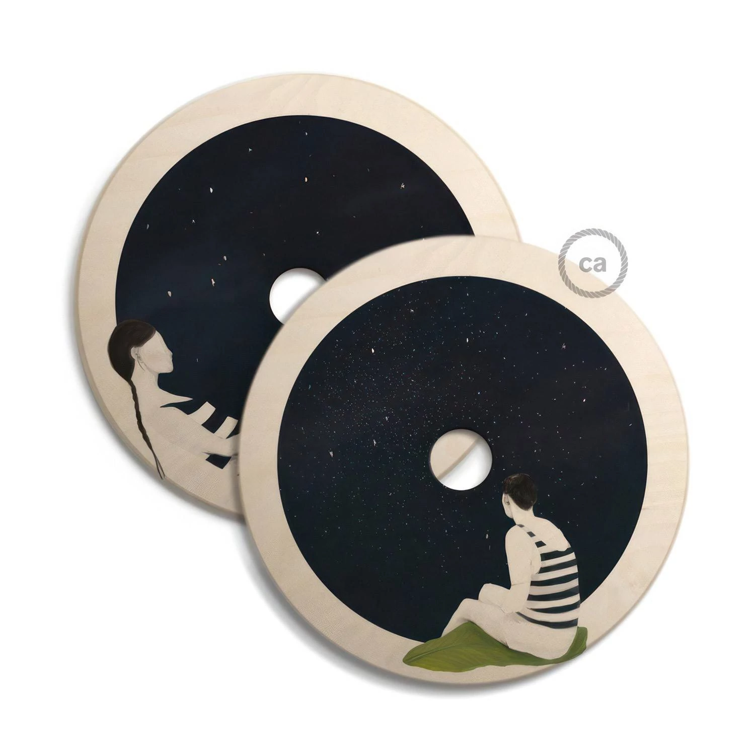 Pantalla de madera con ilustración de varios artistas, doble cara
