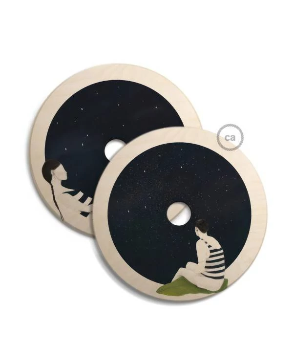 Pantalla de madera con ilustración de varios artistas, doble cara