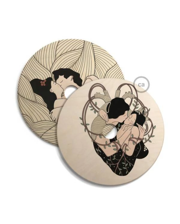 Pantalla de madera con ilustración de varios artistas, doble cara