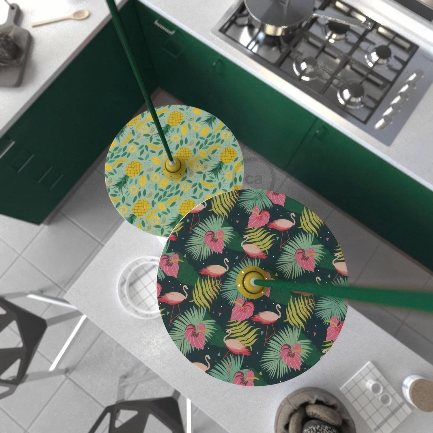 Pantalla de madera con ilustración de varios artistas, doble cara