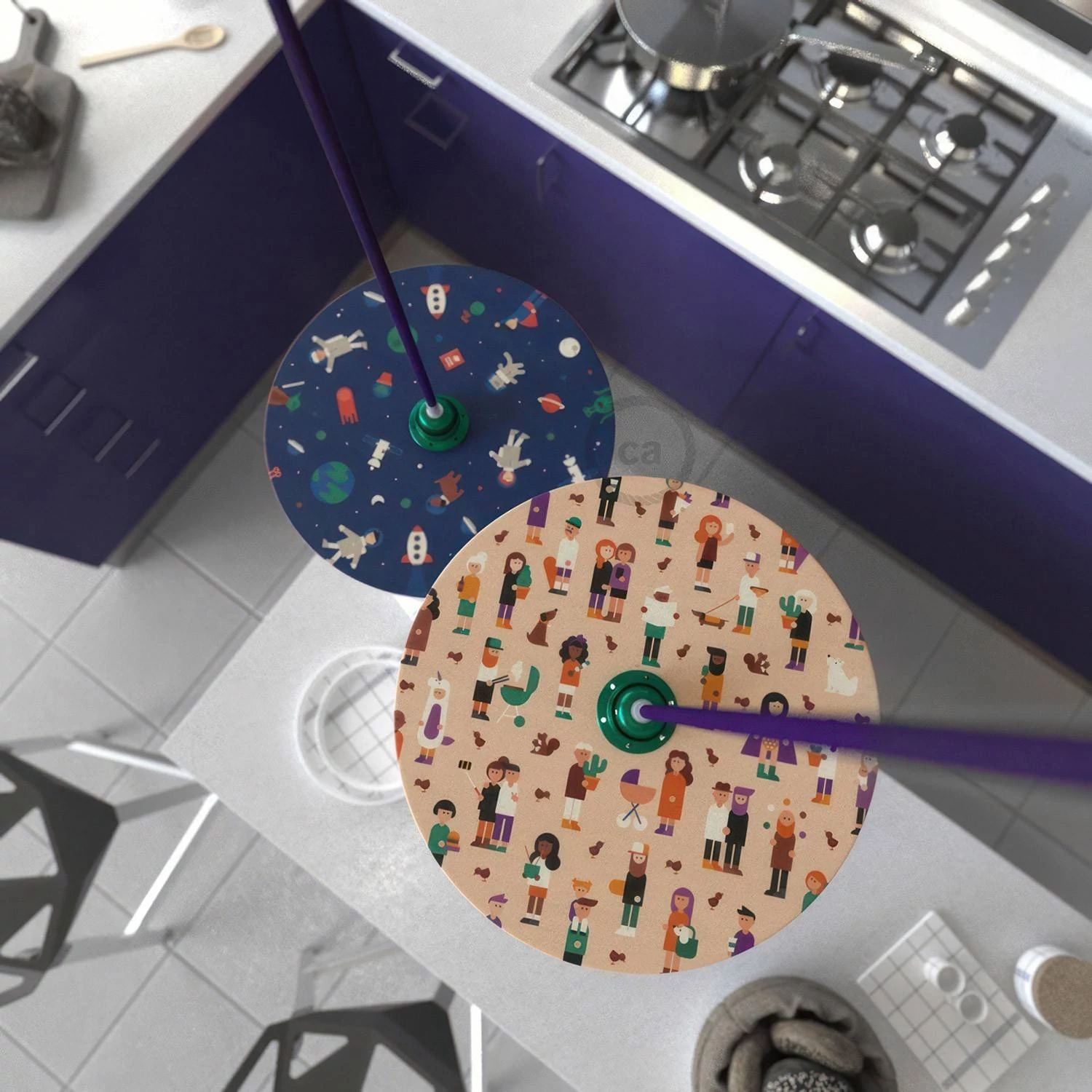 Pantalla de madera con ilustración de varios artistas, doble cara