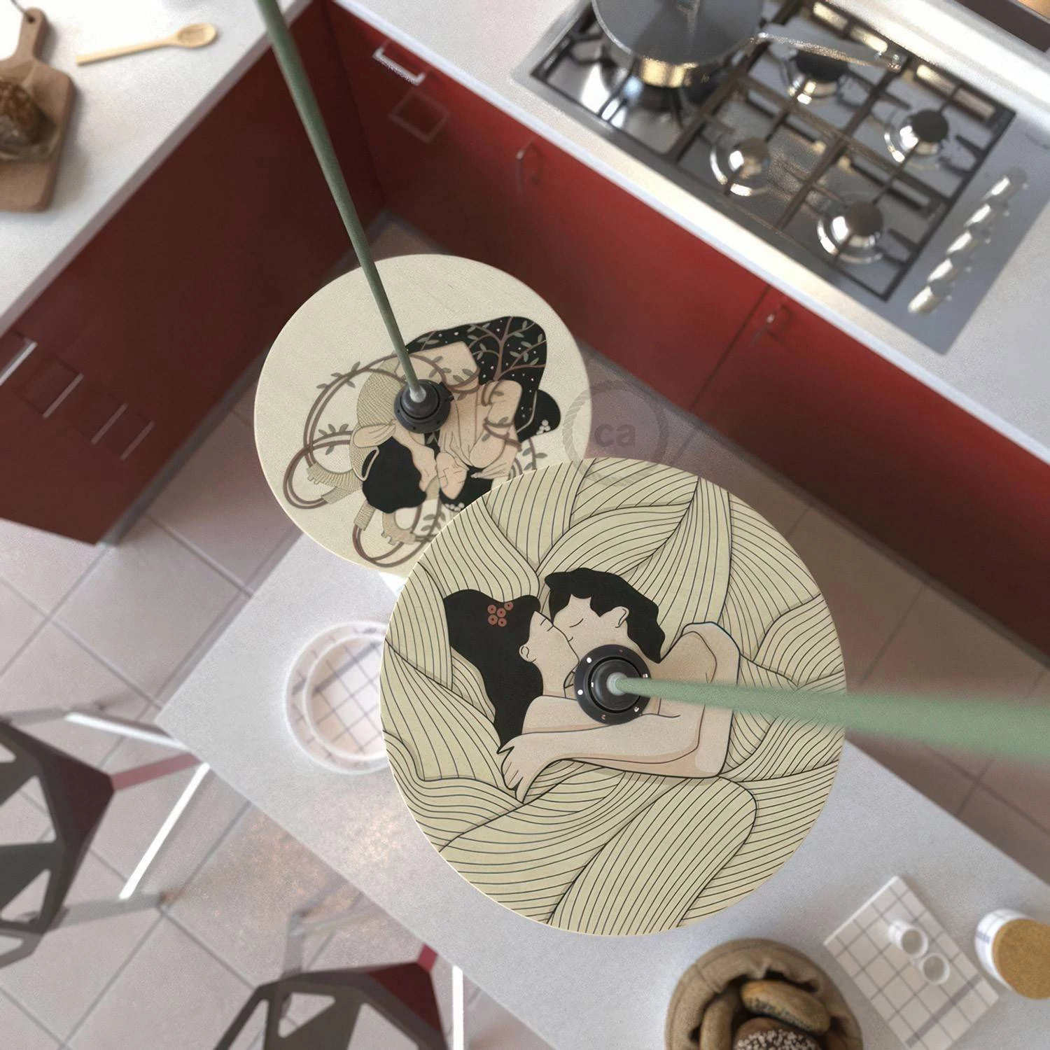 Pantalla de madera con ilustración de varios artistas, doble cara