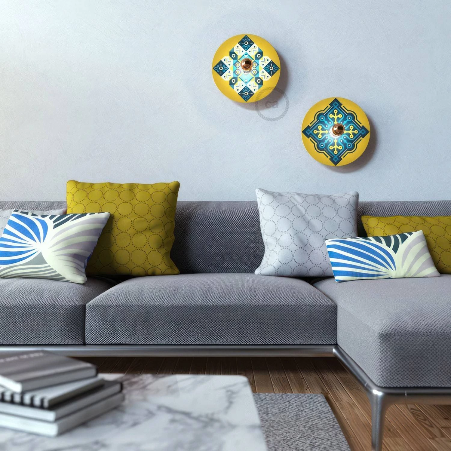 Pantalla de madera con ilustración de varios artistas, doble cara