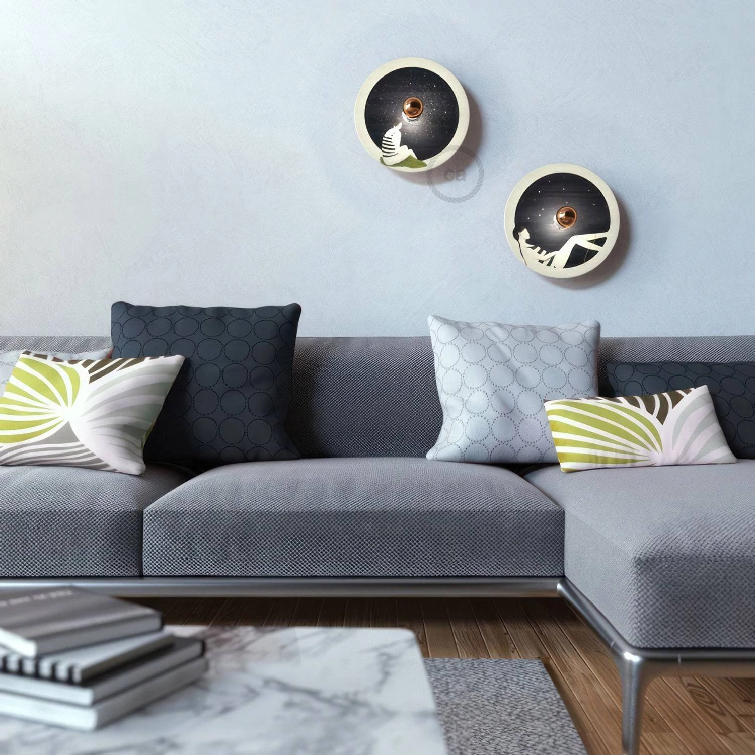 Pantalla de madera con ilustración de varios artistas, doble cara