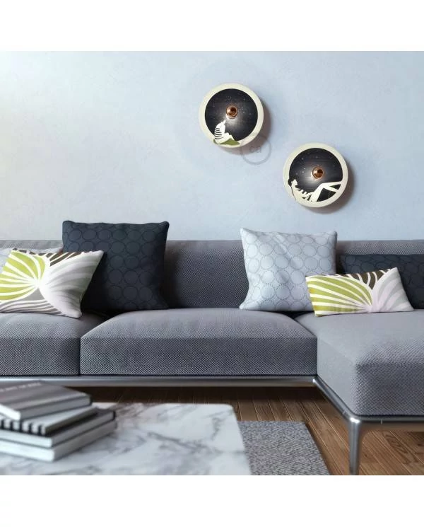 Pantalla de madera con ilustración de varios artistas, doble cara