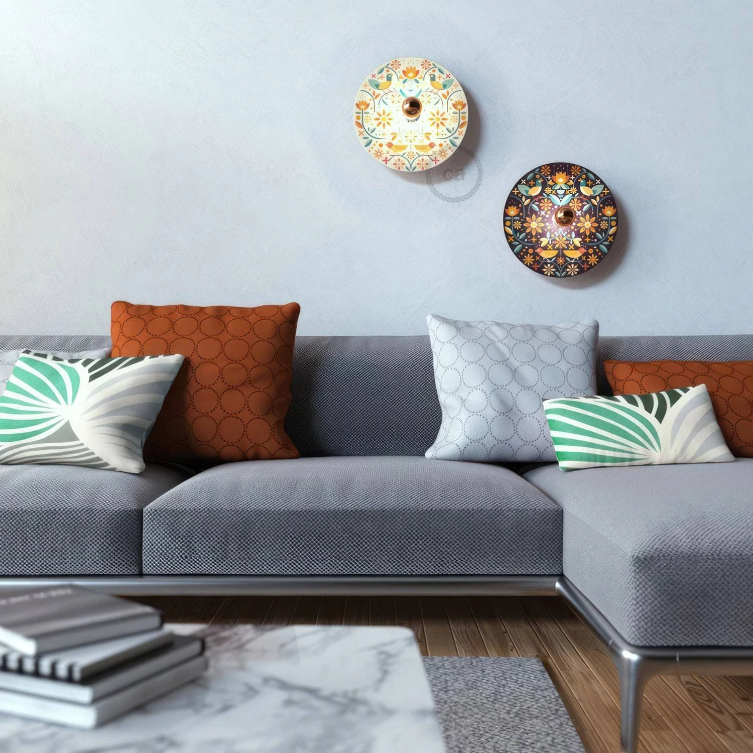 Pantalla de madera con ilustración de varios artistas, doble cara