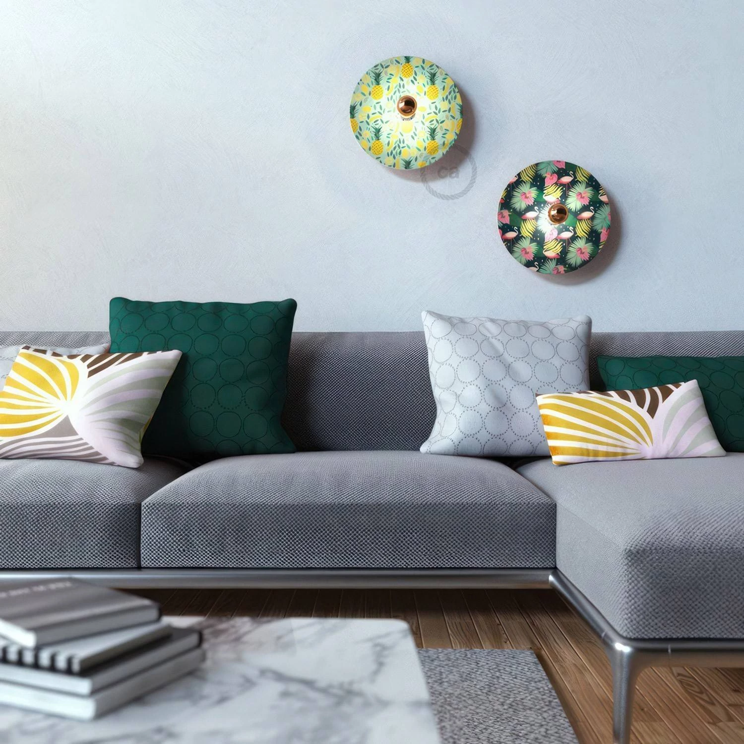 Pantalla de madera con ilustración de varios artistas, doble cara
