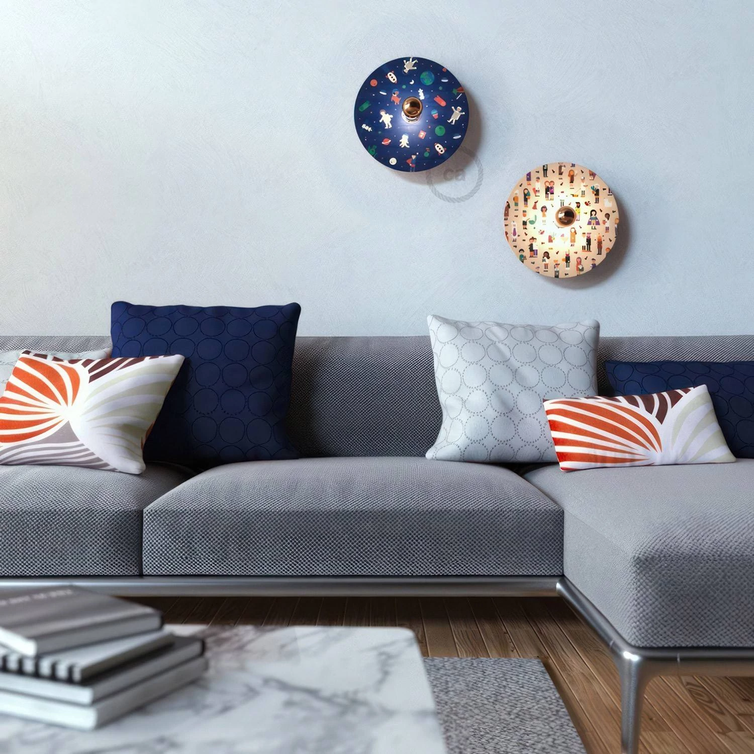 Pantalla de madera con ilustración de varios artistas, doble cara