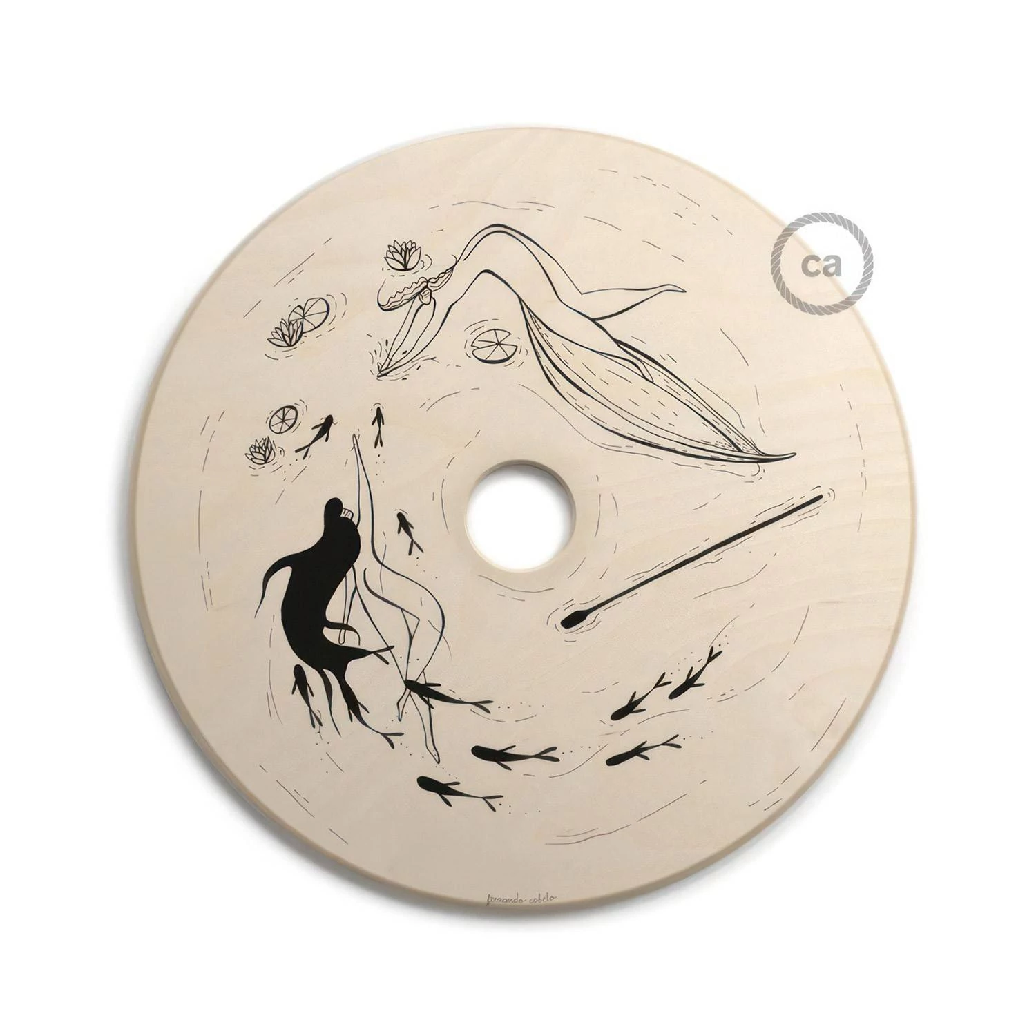 Pantalla de madera con ilustración de varios artistas, doble cara