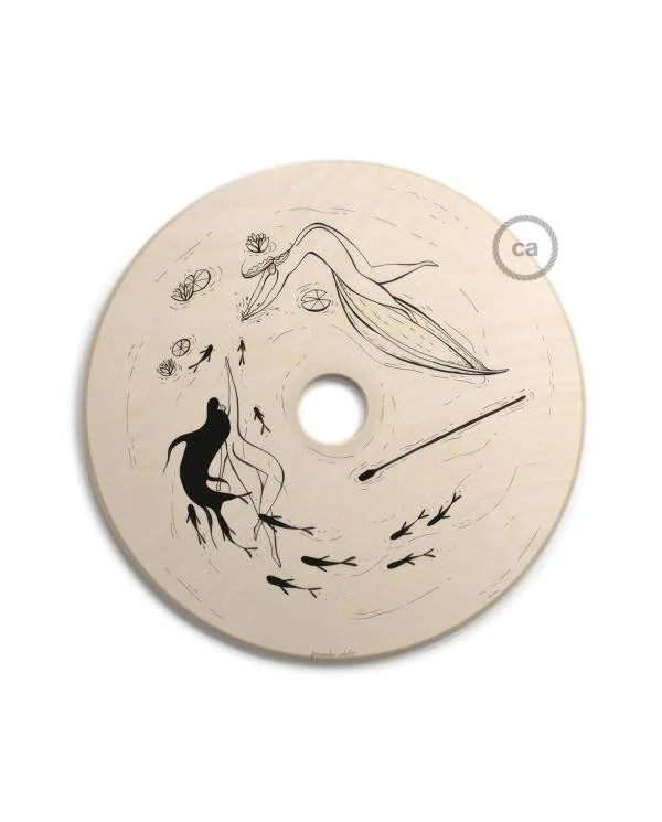 Pantalla de madera con ilustración de varios artistas, doble cara