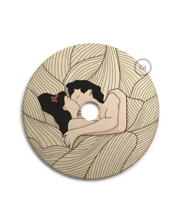 Pantalla de madera con ilustración de varios artistas, doble cara