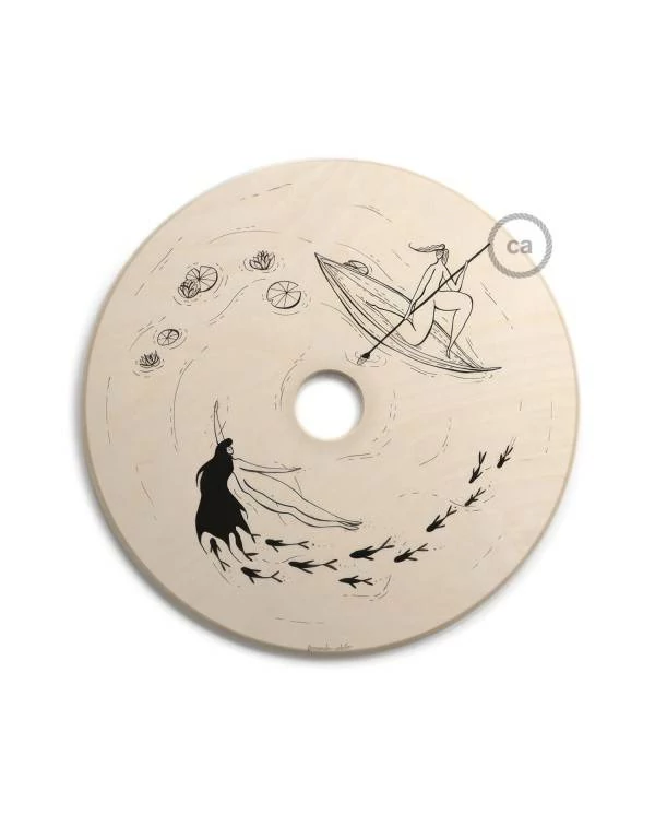 Pantalla de madera con ilustración de varios artistas, doble cara