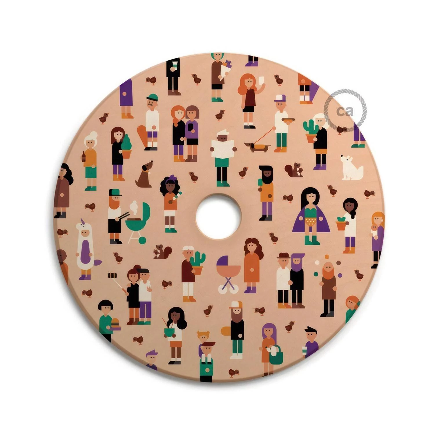 Pantalla de madera con ilustración de varios artistas, doble cara