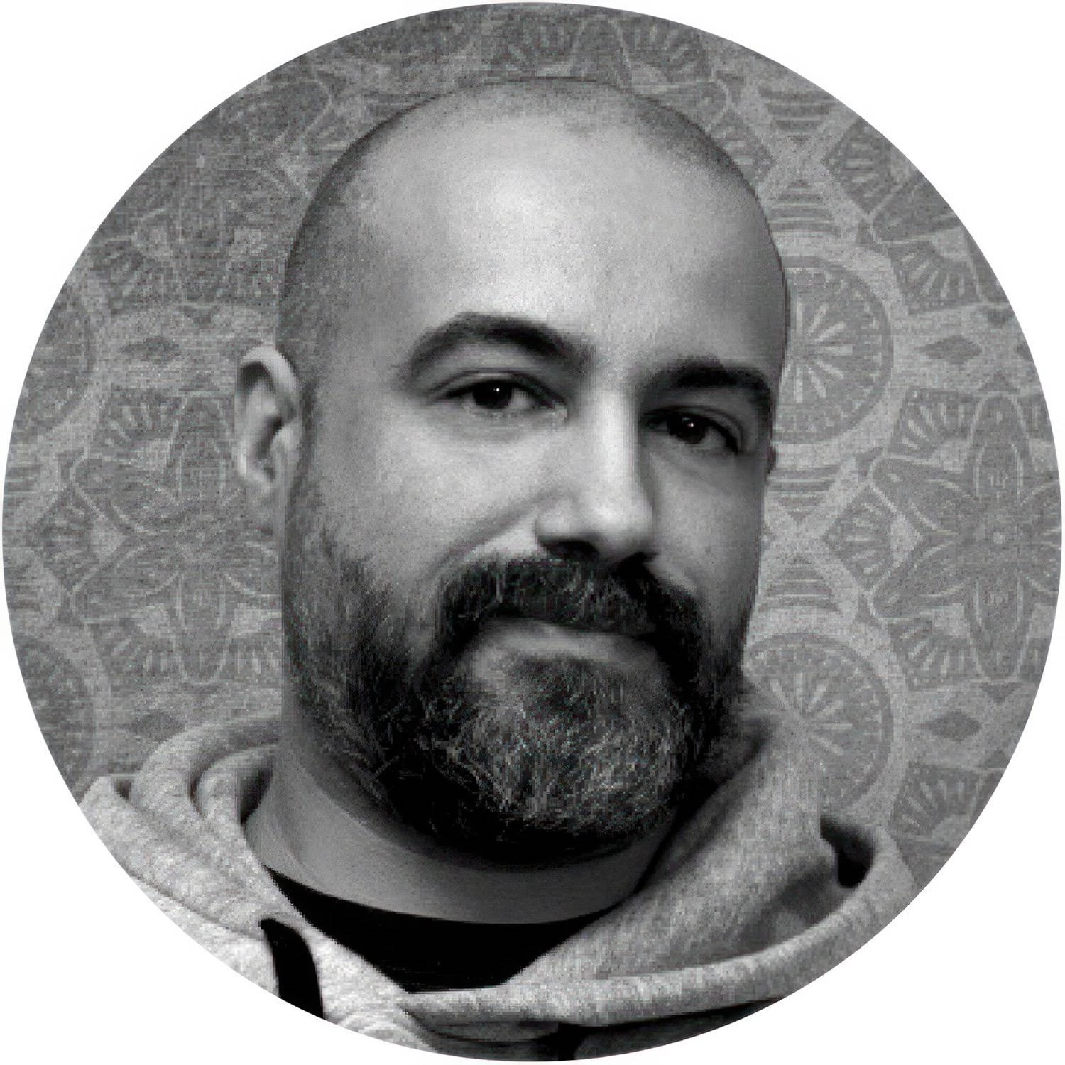 Pantalla de madera con ilustración de varios artistas, doble cara