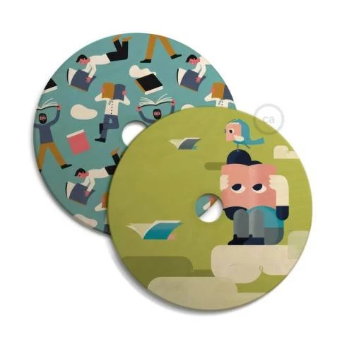 Pantalla de madera con ilustración de varios artistas, doble cara