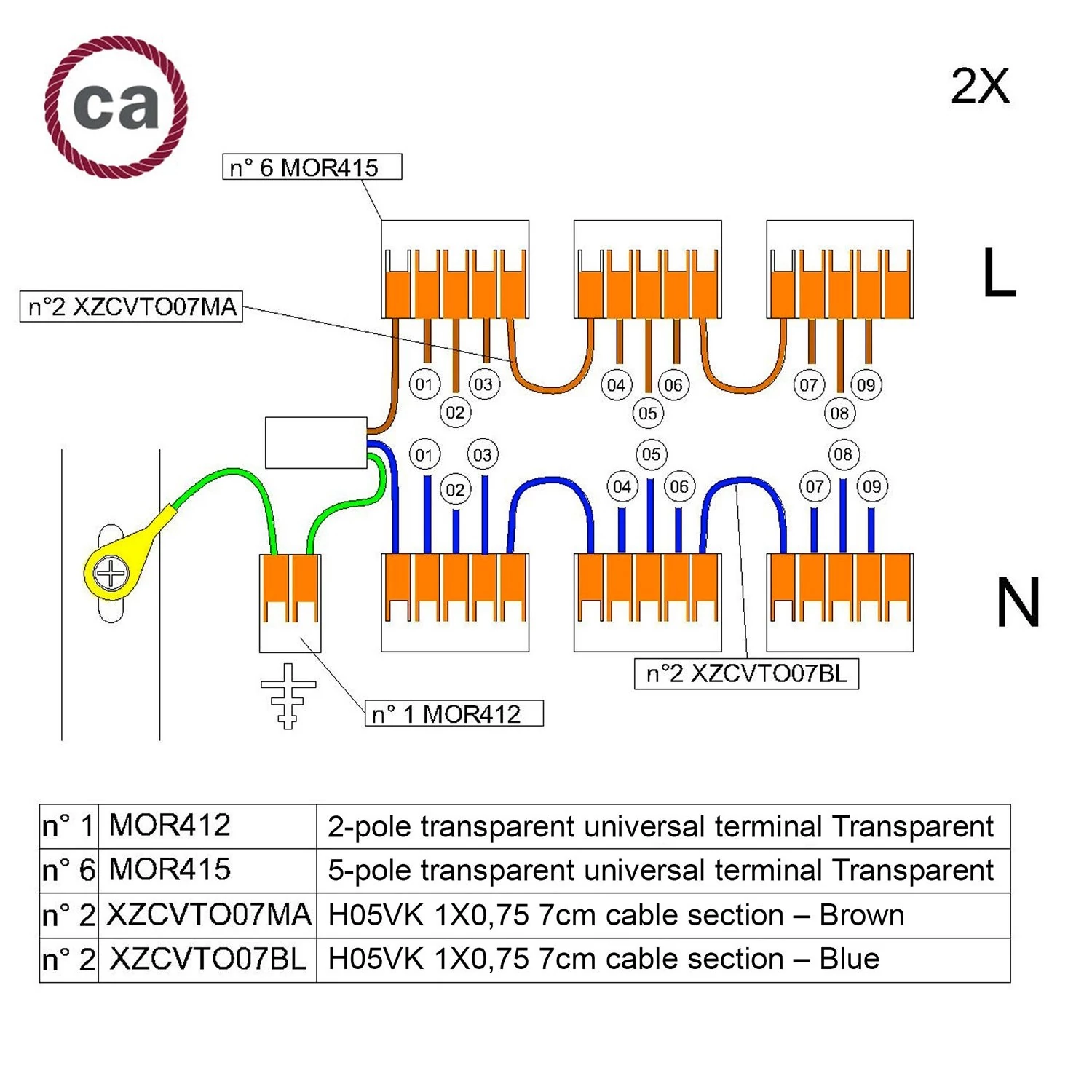 Kit de conexión WAGO para cable 2x para Rosetón a 9 agujeros