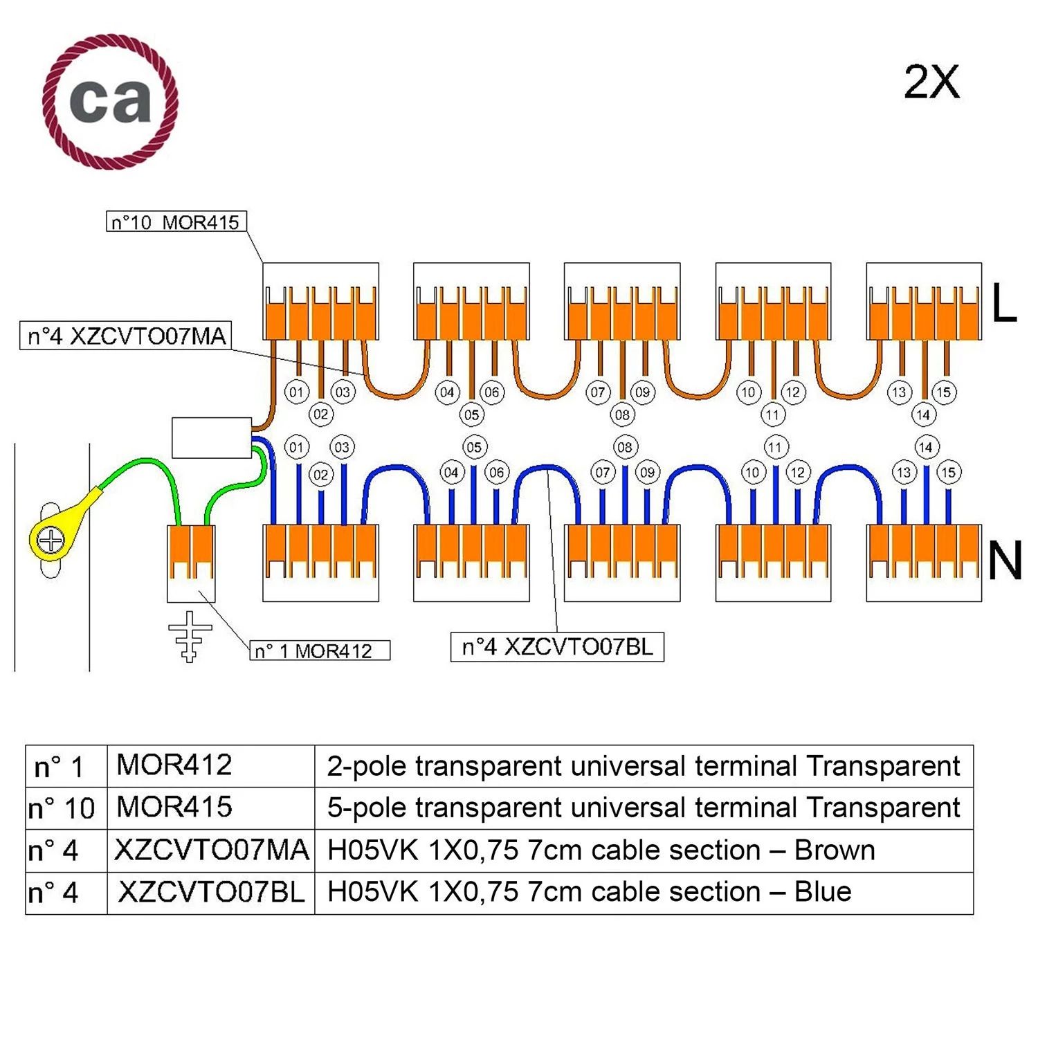 Kit de conexión WAGO para cable 2x para Rosetón a 15 agujeros