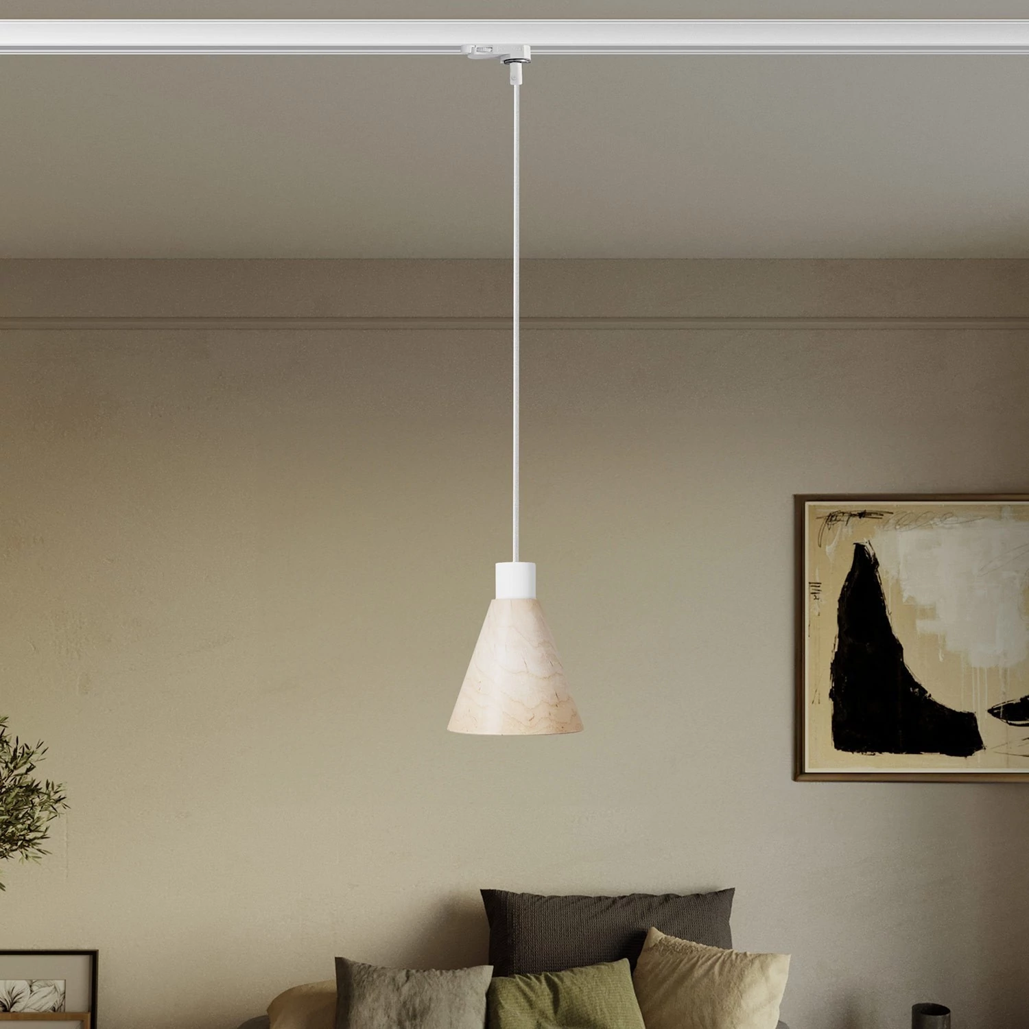 Suspensión con pantalla de madera cónica para carriles