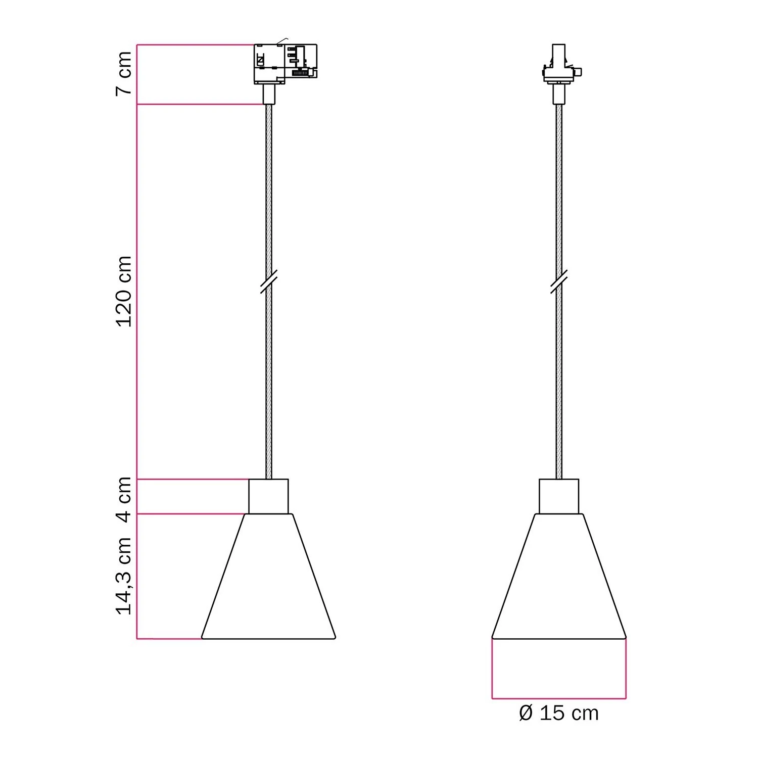 Suspensión con pantalla de madera cónica para carriles