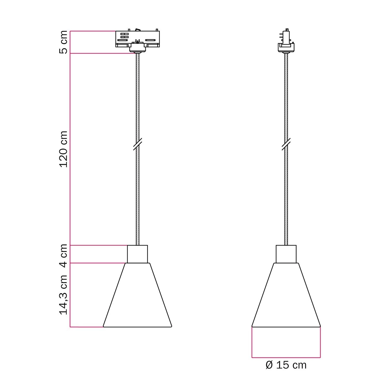 Suspensión con pantalla de madera cónica para carriles
