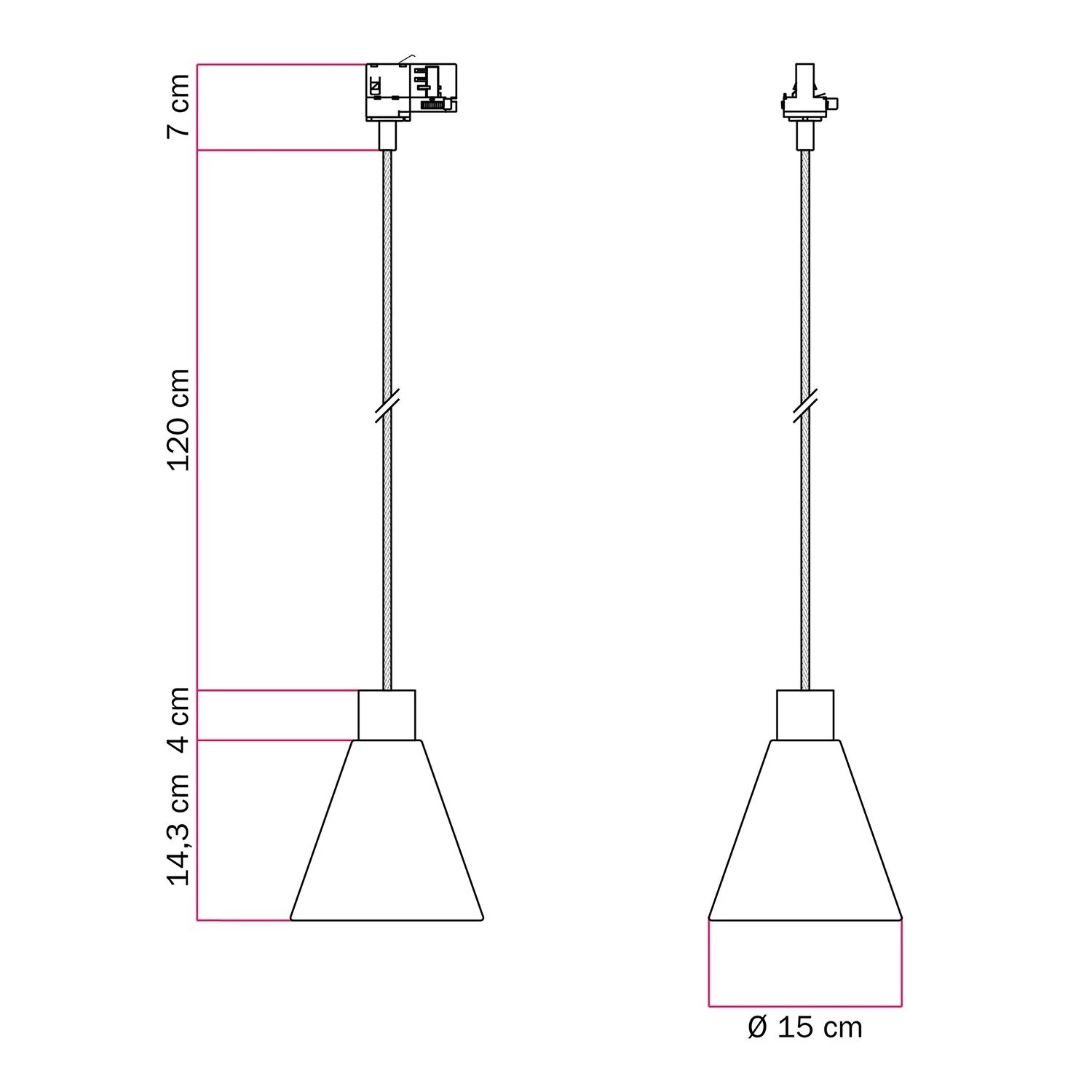 Suspensión con pantalla de madera cónica para carriles