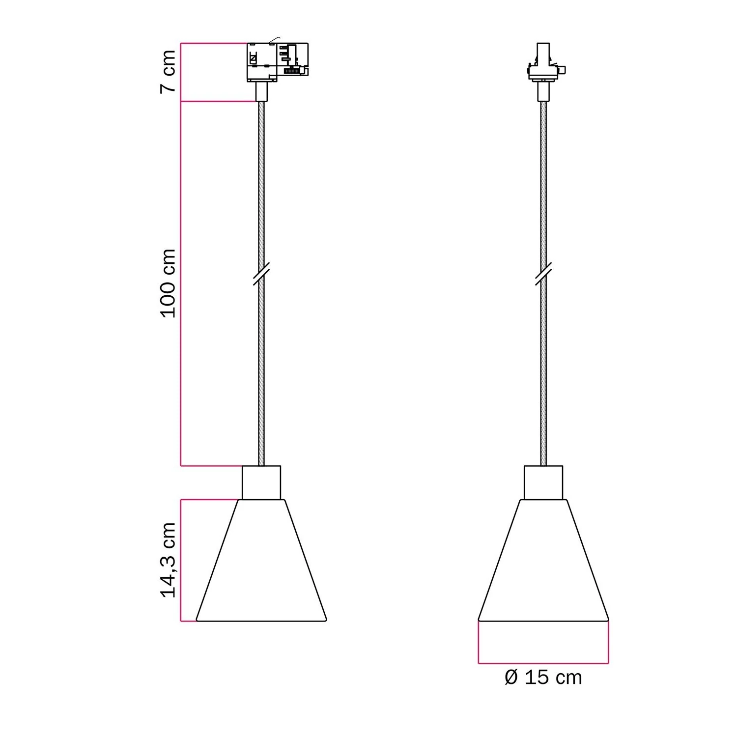Suspensión con pantalla de madera cónica para carriles
