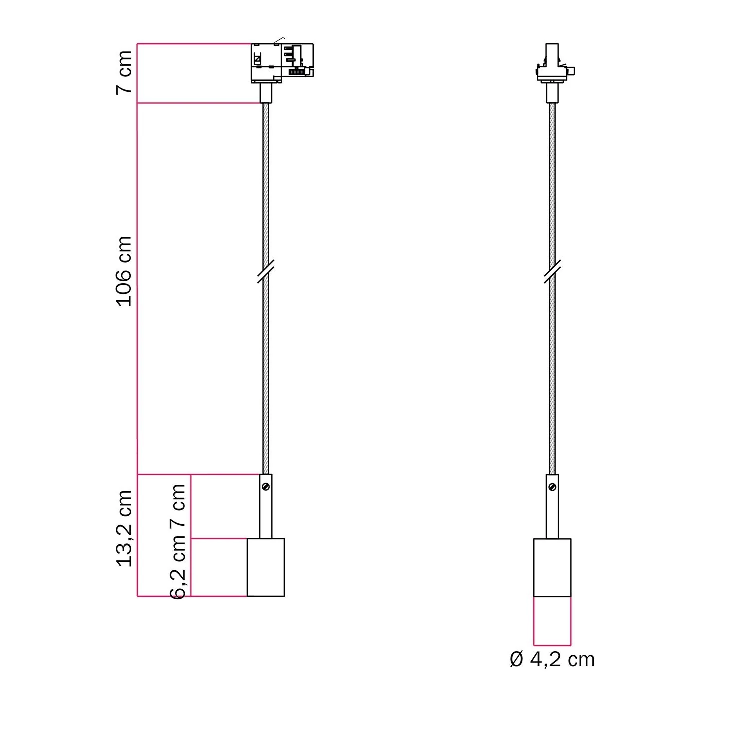 Lámpara metálica para carril con sujetacables de 7 cm.