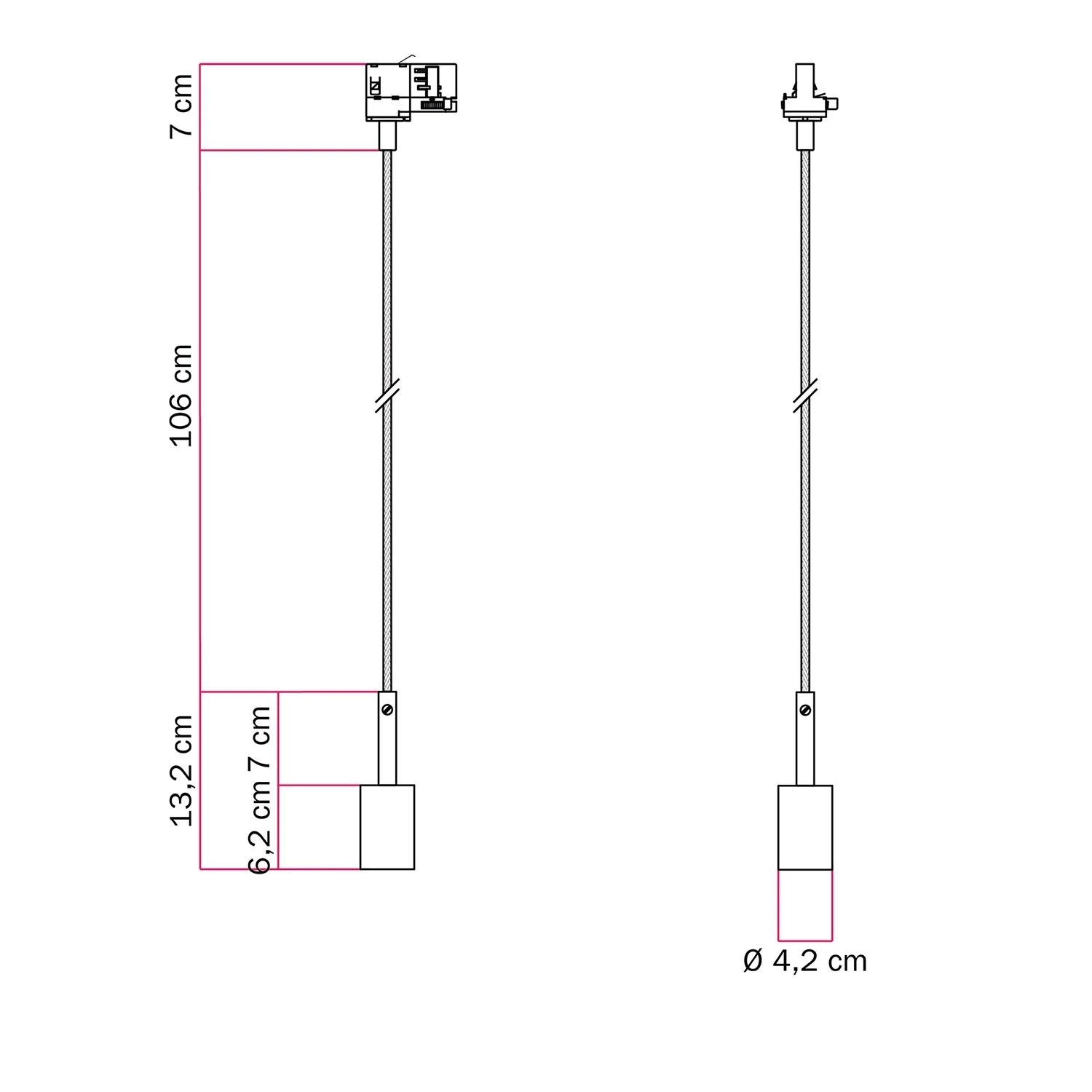 Lámpara metálica para carril con sujetacables de 7 cm.