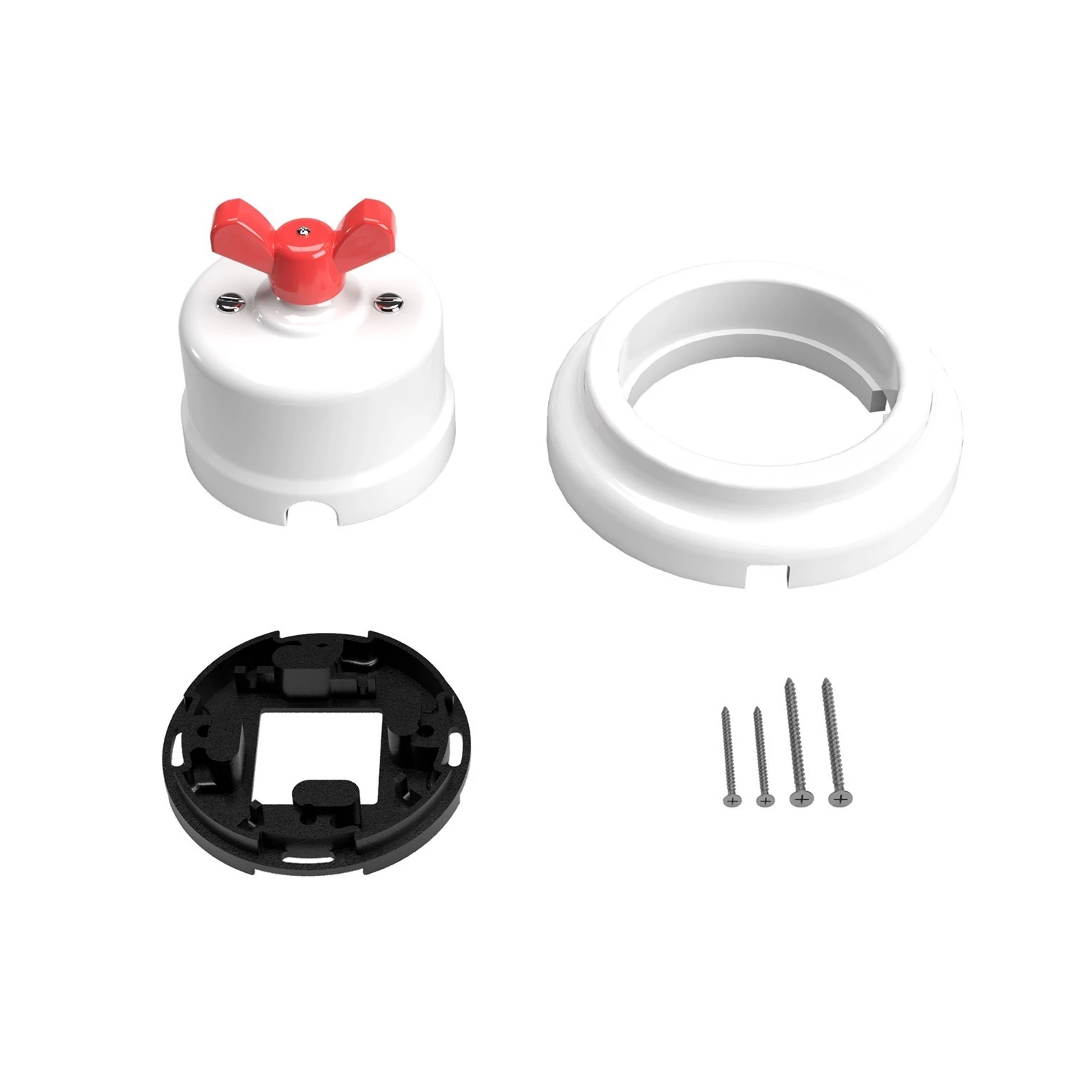 Interruptor de porcelana blanca con mariposa y base.