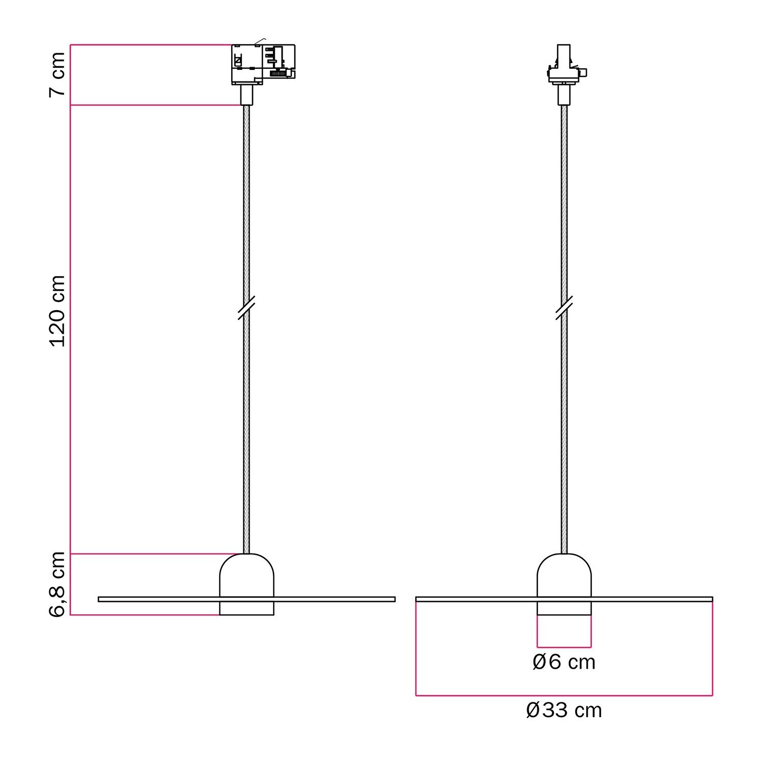 Lámpara sobre carril de madera con cable textil y pantalla
