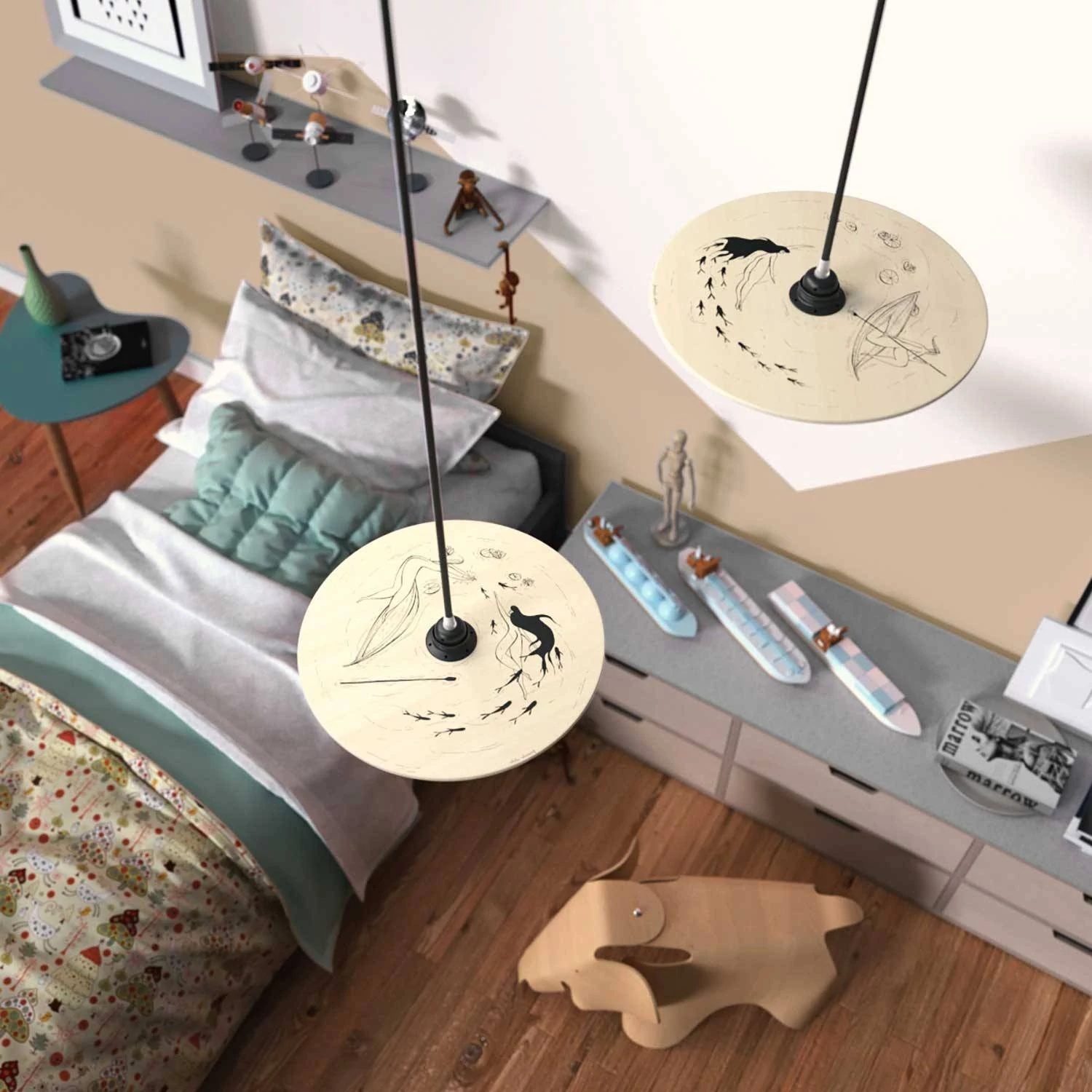 Lámpara de colores con pantalla de madera ilustrada.
