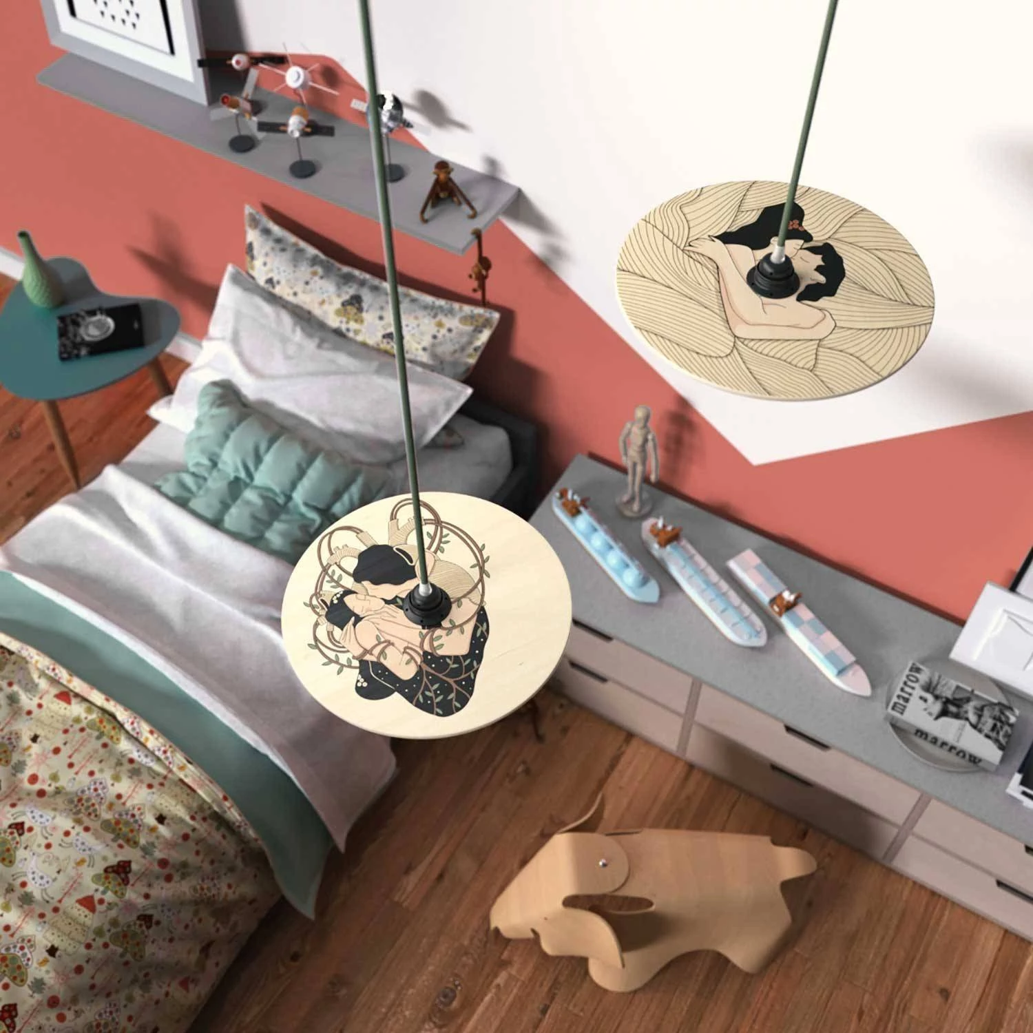 Lámpara de colores con pantalla de madera ilustrada.