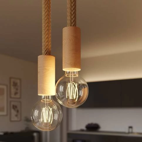 Lámpara colgante de 2 caídas con cordón 2XL y acabados de madera
