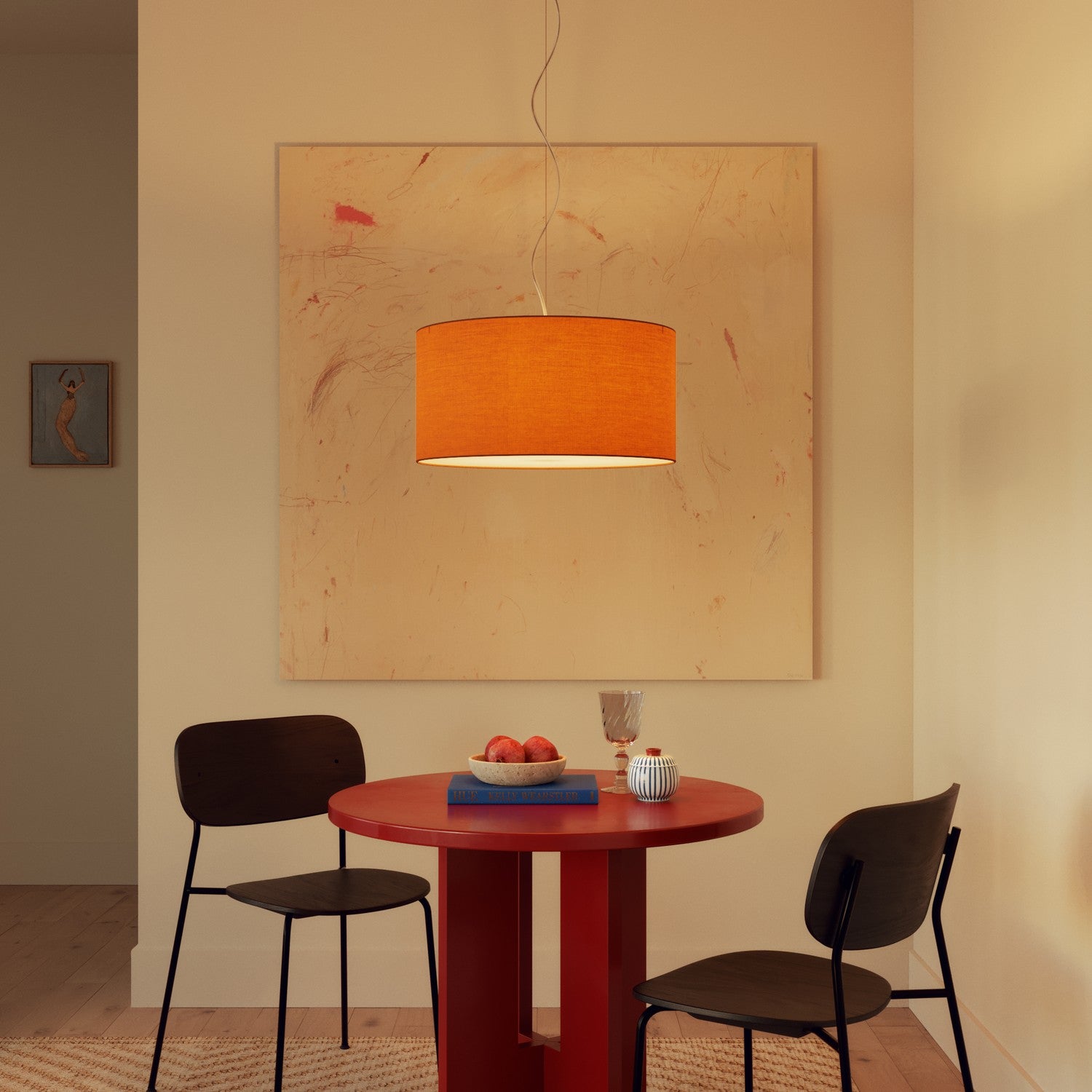 Lampada a sospensione con paralume in tessuto Cilindro Medium Teletta mandarino - Made in Italy No