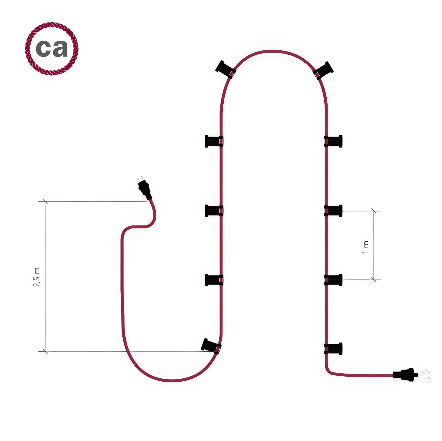 Catenaria Sistema Lumet da 12,5 m con cavo tessile CM21, 10 portalampada, gancio e spina neri