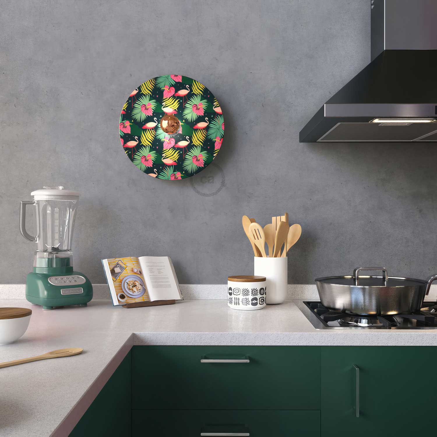 Fermaluce Etnico con paralume UFO in legno double-face illustrato da Annachiara Zaminato