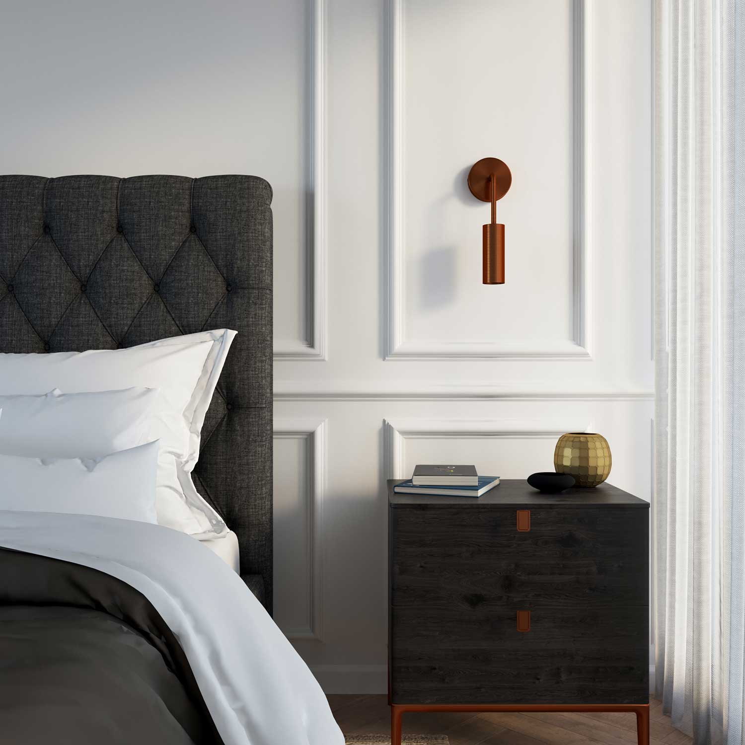 Fermaluce Metal, lampada a muro in metallo con estensione curva e paralume Tub-E14 - Rame satinato