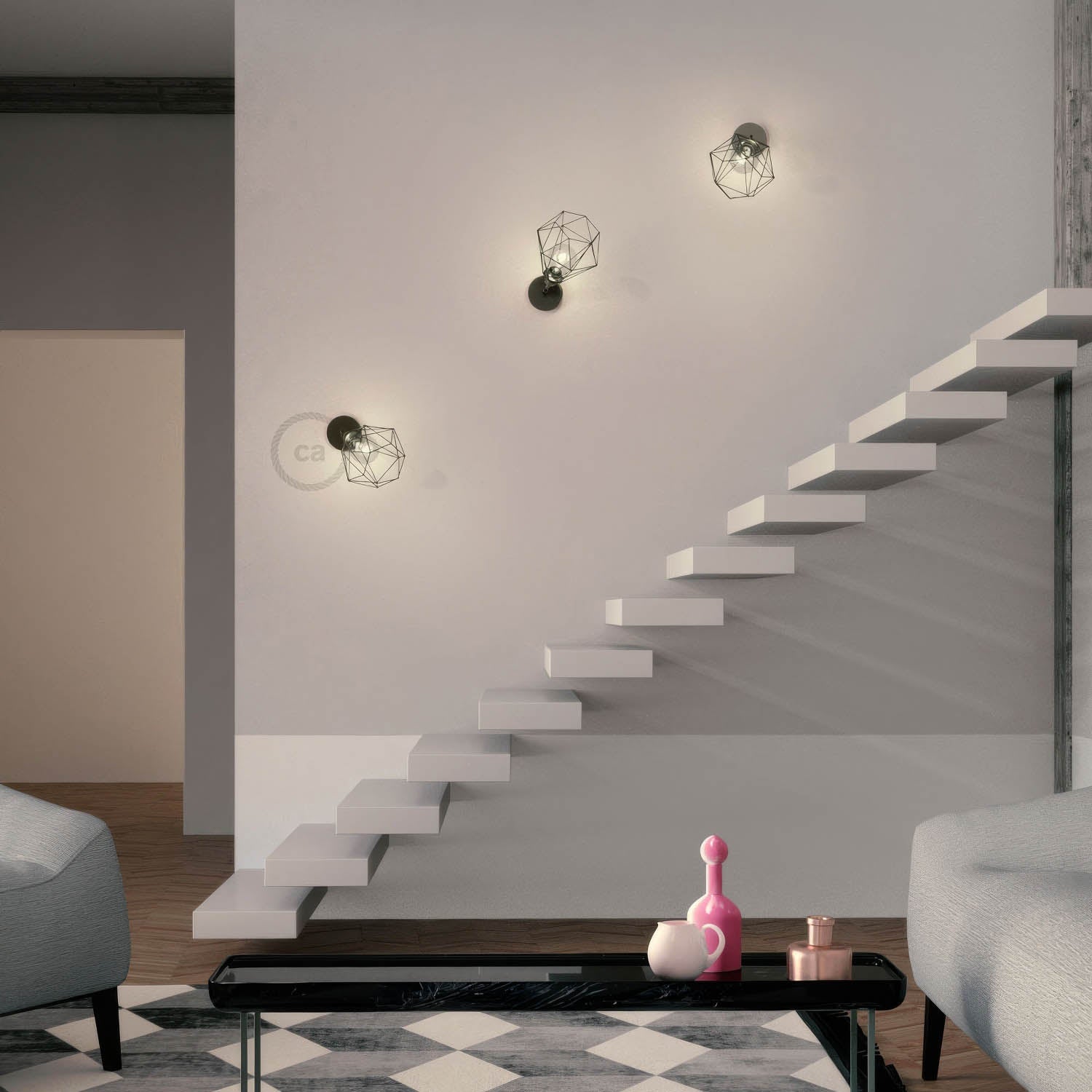 Fermaluce Metallo 90° con paralume Diamond, lampada filomuro orientabile in metallo - Nero perla