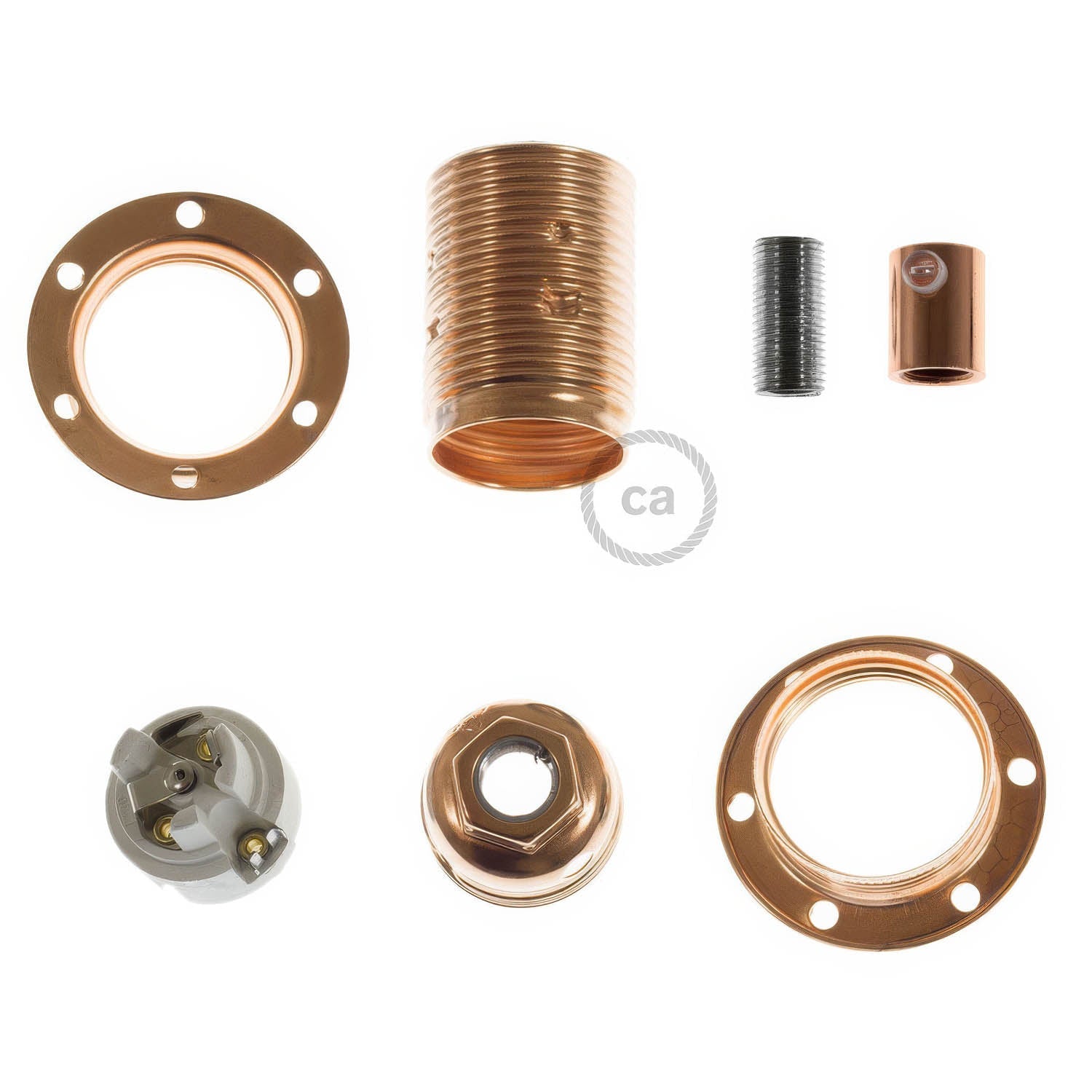 Kit portalampada E14 in metallo con doppia ghiera per paralume - Rame Cilindrico