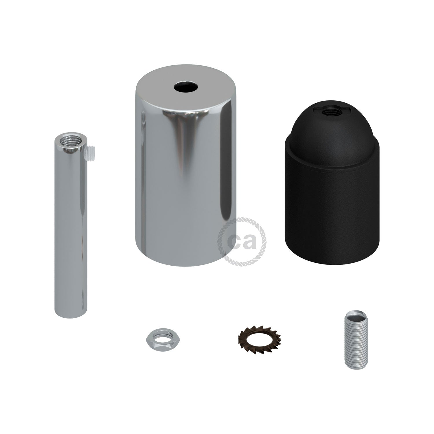 Kit portalampada E27 cilindrico in metallo con serracavo da 7 cm - Cromo - Creative Cables