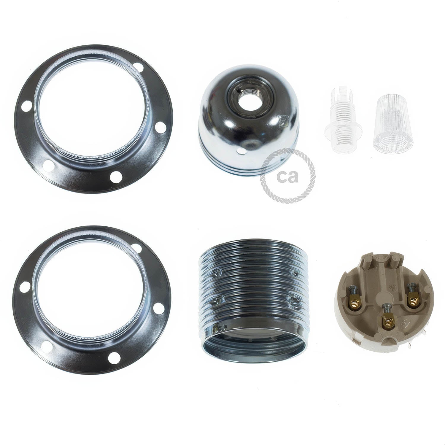 Kit portalampada E27 in metallo con doppia ghiera per paralume - Argento - Creative Cables