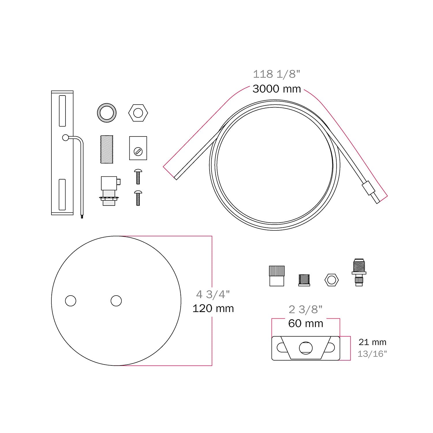 Kit Rosone Ø 120 mm con sospensione in acciaio e bilanciatore millimetrico - Cromo
