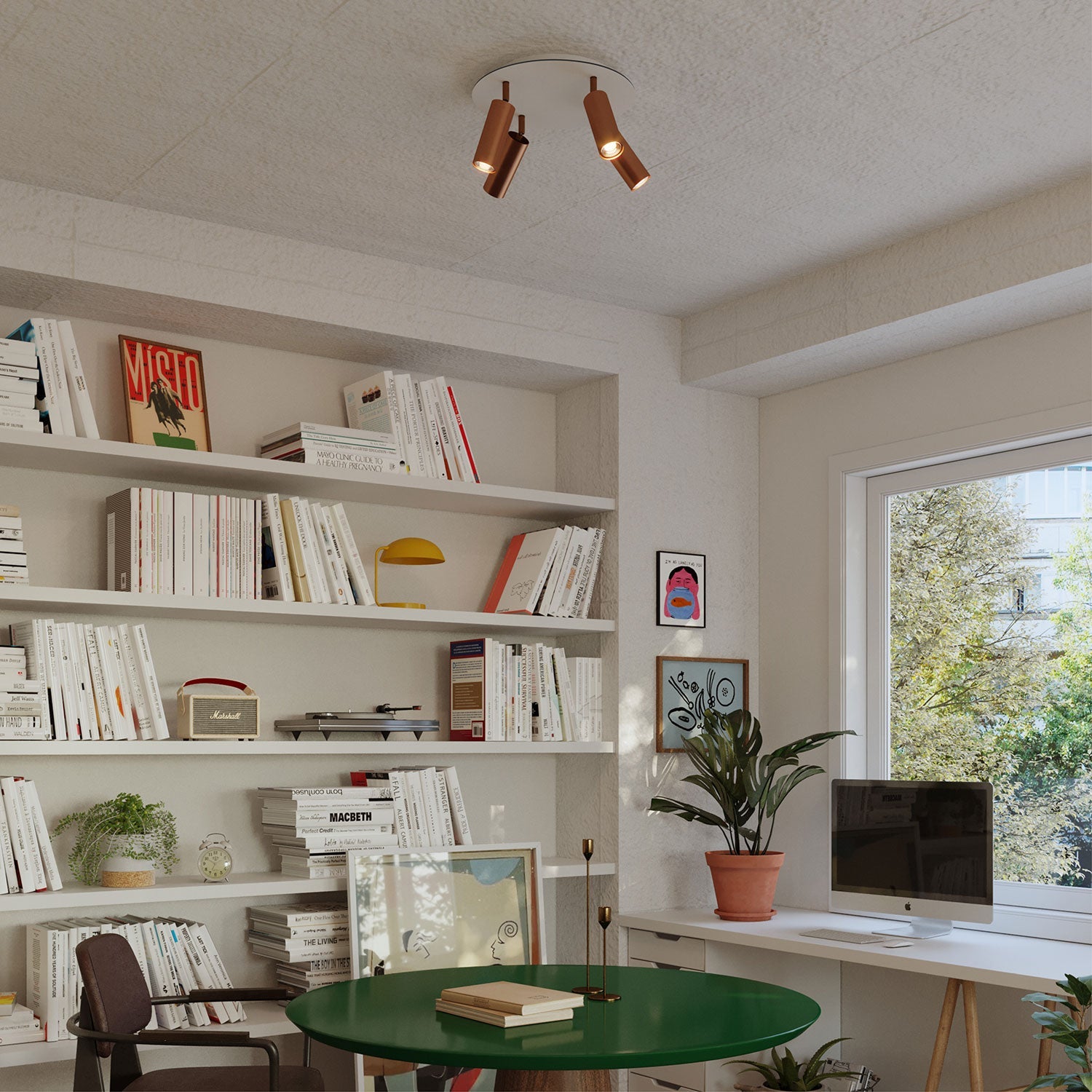 Lampada a 4 faretti con paralume Tub - E14 e Rose - One XXL rotondo - Rame satinato - Creative Cables