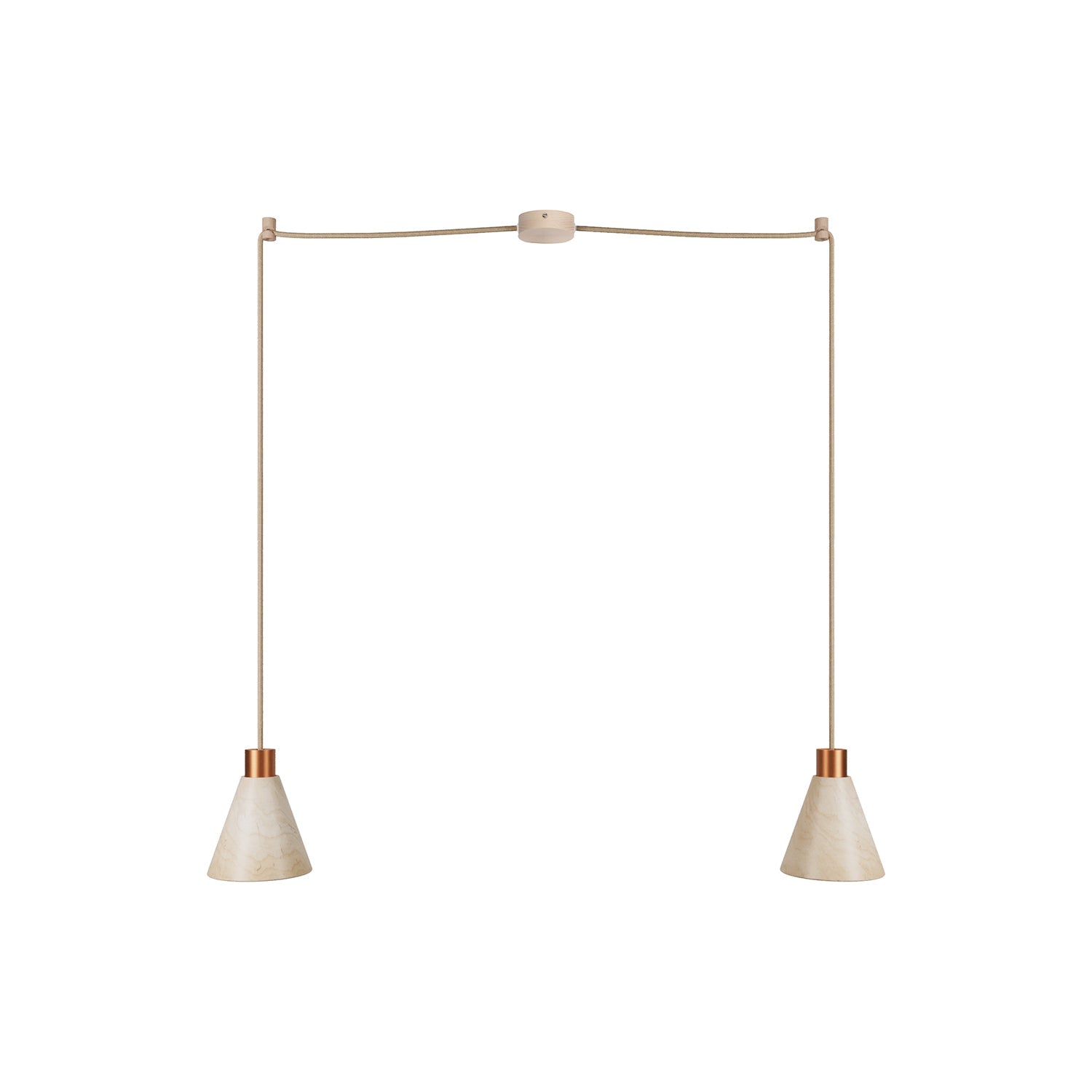 Lampada a sospensione a 2 cadute con paralumi conici in legno - Rame satinato