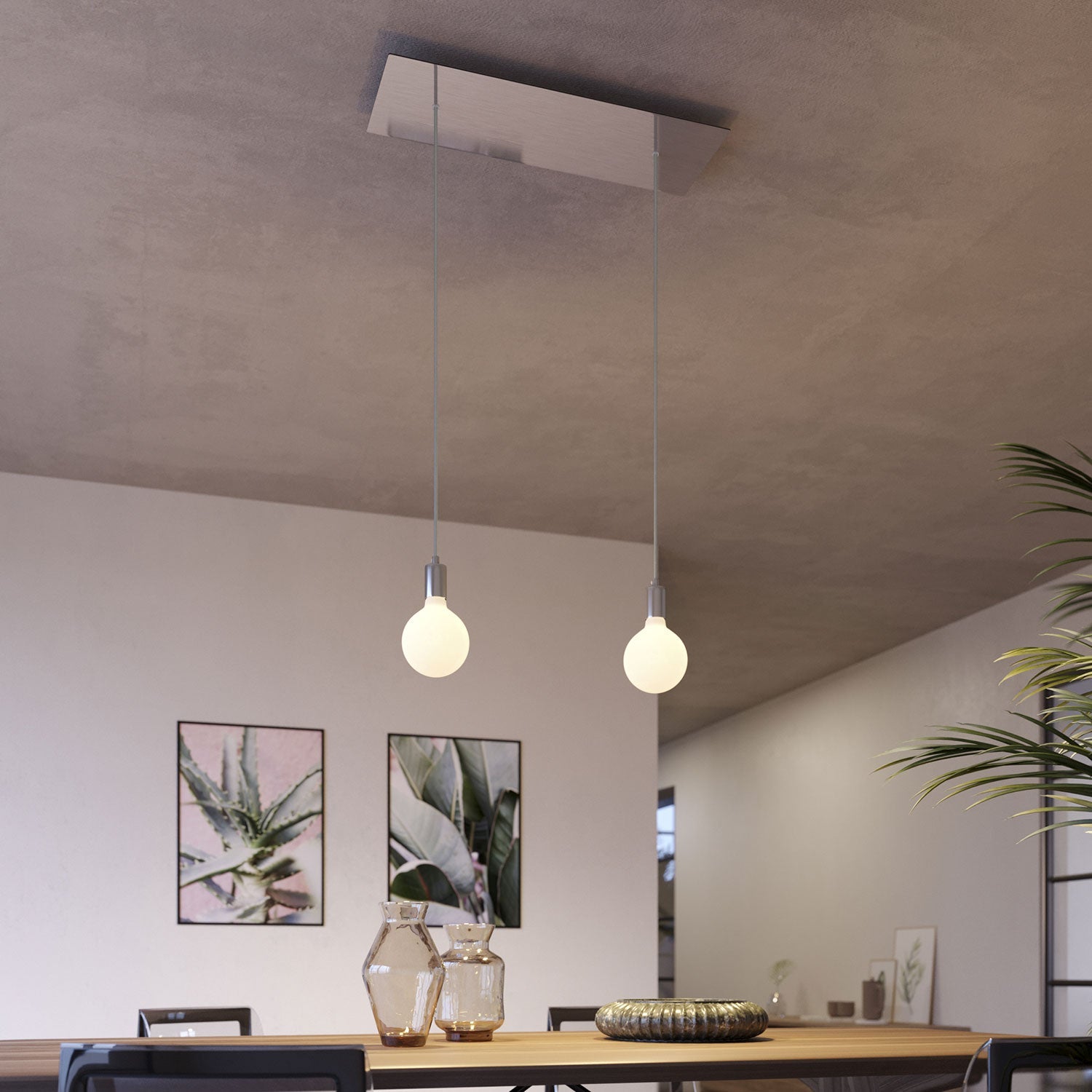 Lampada a sospensione a 2 cadute con XXL Rose - One rettangolare 675 mm con finiture in metallo - Acciaio satinato - Creative Cables