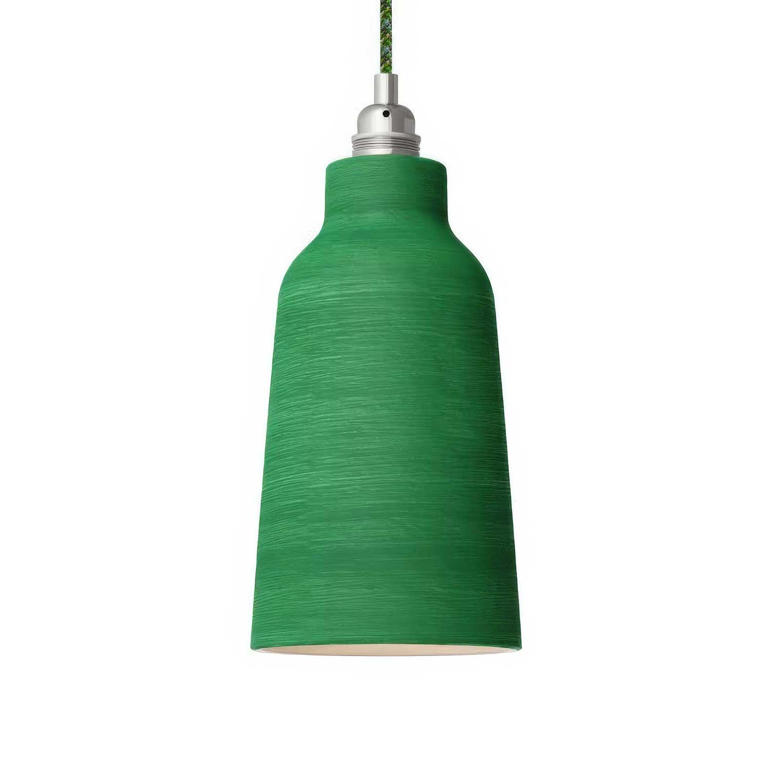 Lampada a sospensione completa di cavo tessile, paralume Bottiglia in ceramica e finiture in metallo - Evergreen striato