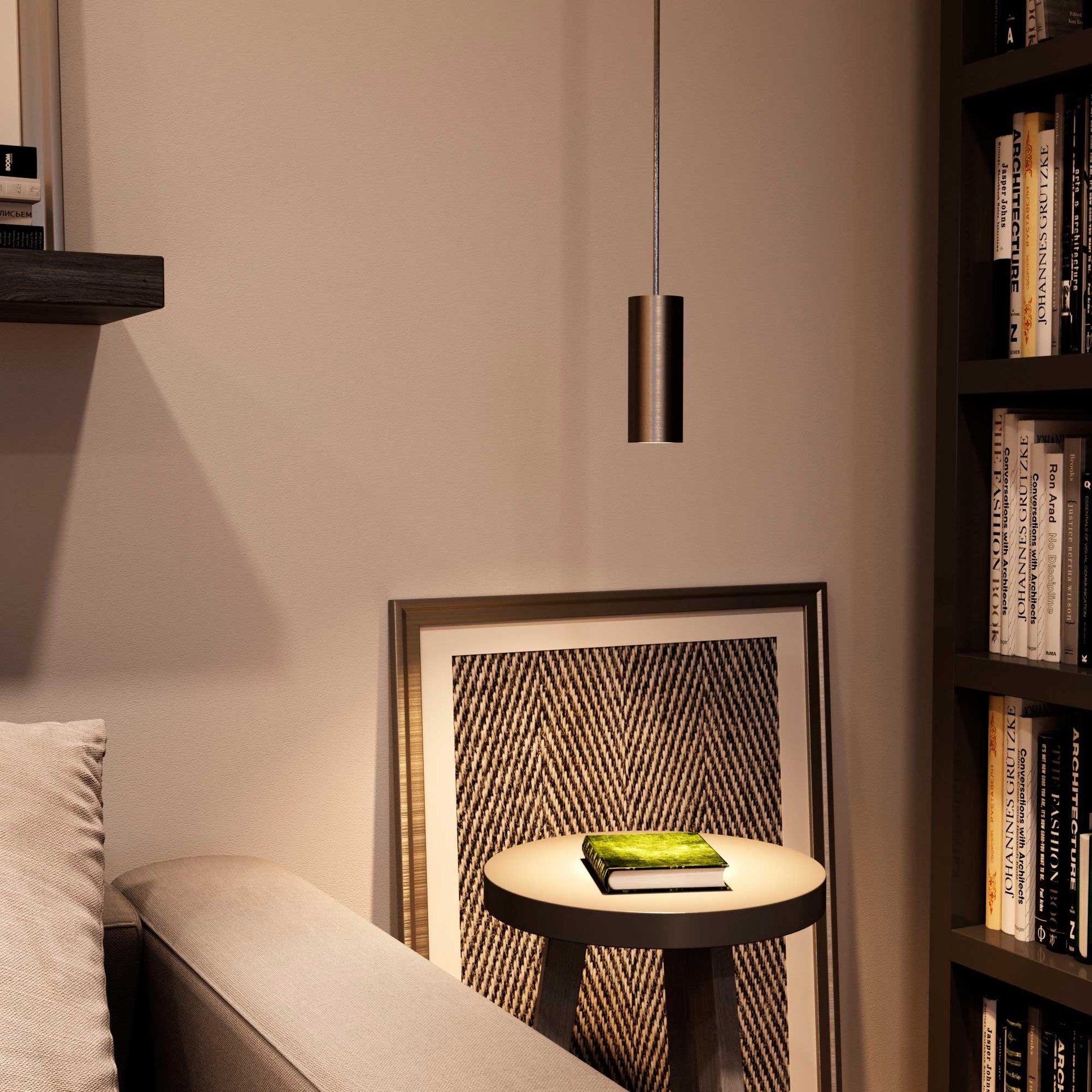 Lampada a sospensione completa di cavo tessile, paralume Tub-E14 e finiture in metallo - Titanio satinato