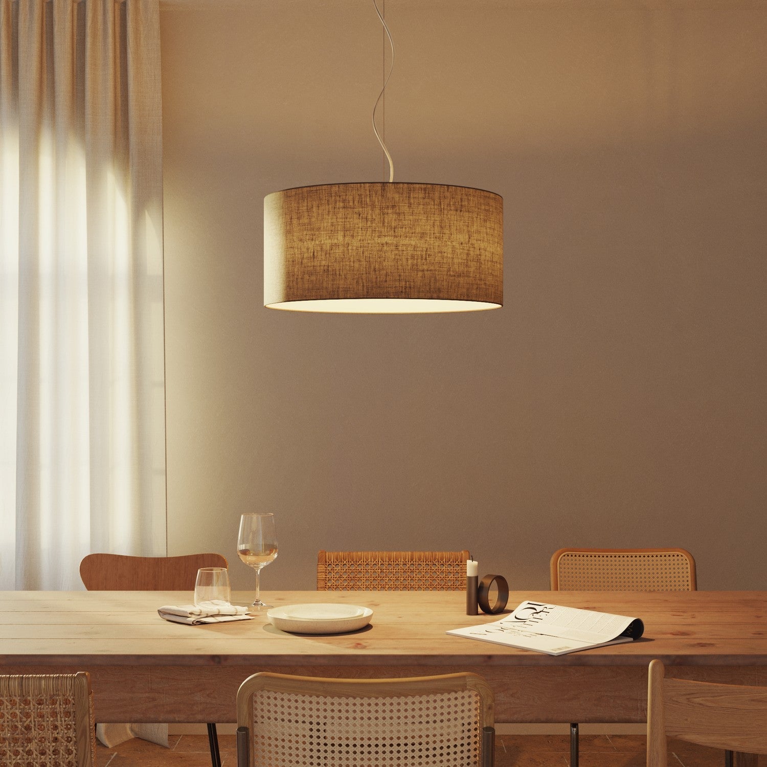 Lampada a sospensione con paralume in tessuto Cilindro Large - Made in Italy - Camelot Marrone No